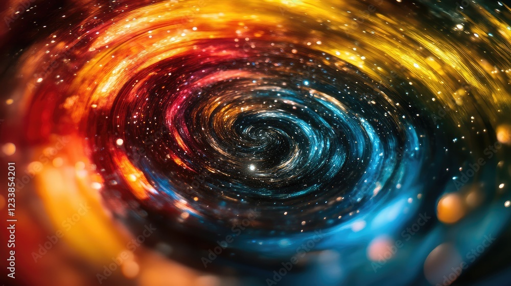 Poster swirling galaxy macro with colorful hypnotic effects transitioning to futuristic spaceship control r