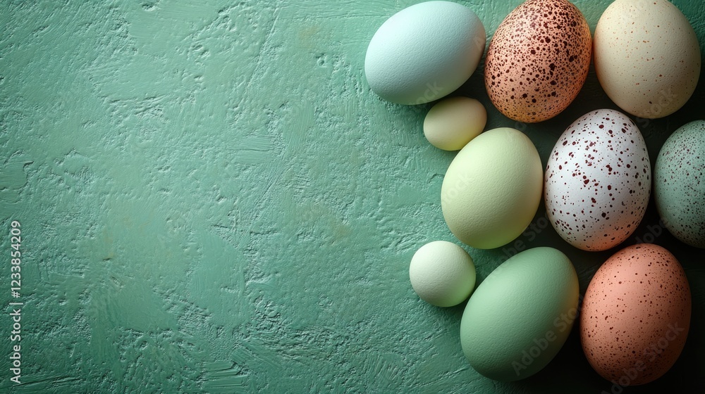Poster Colorful array of decorated eggs on a textured pastel green background with blank space for text or graphic design elements