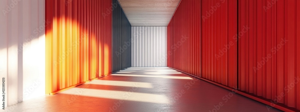 Aufkleber warehouse interior with colorful shipping containers and empty space for logistics and delivery text