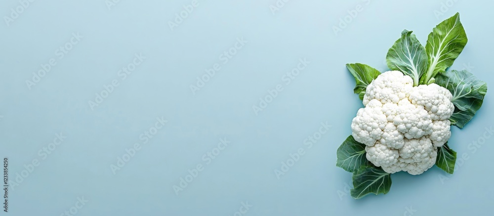 Poster fresh cauliflower with green leaves on a light blue background offering ample empty space for text o