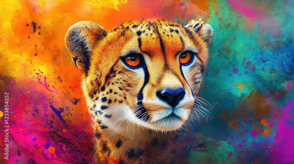 Poster vibrant cheetah portrait surrounded by an explosion of colorful abstract patterns and hues showcasin