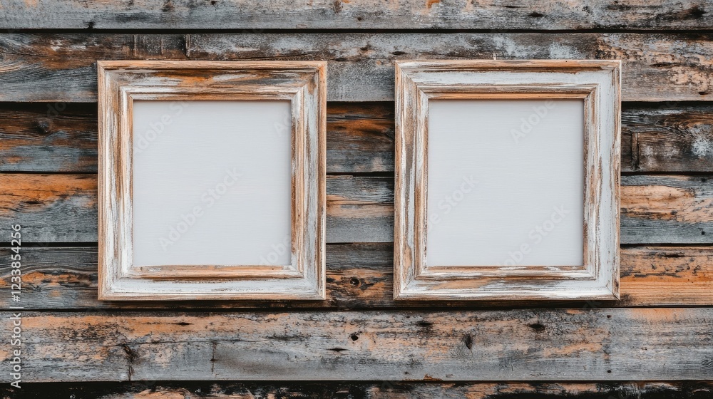 Poster rustic wooden wall with two empty frames inviting creativity and personalization in home decor or ar