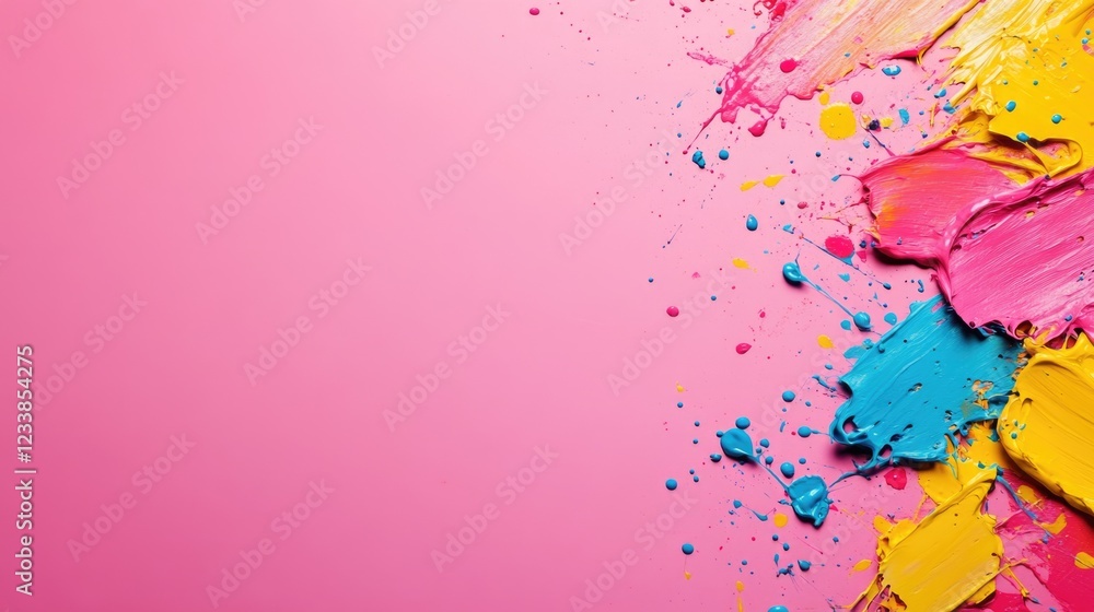 Poster Colorful paint splatters on a pink background with ample copy space for creative text or design elements.