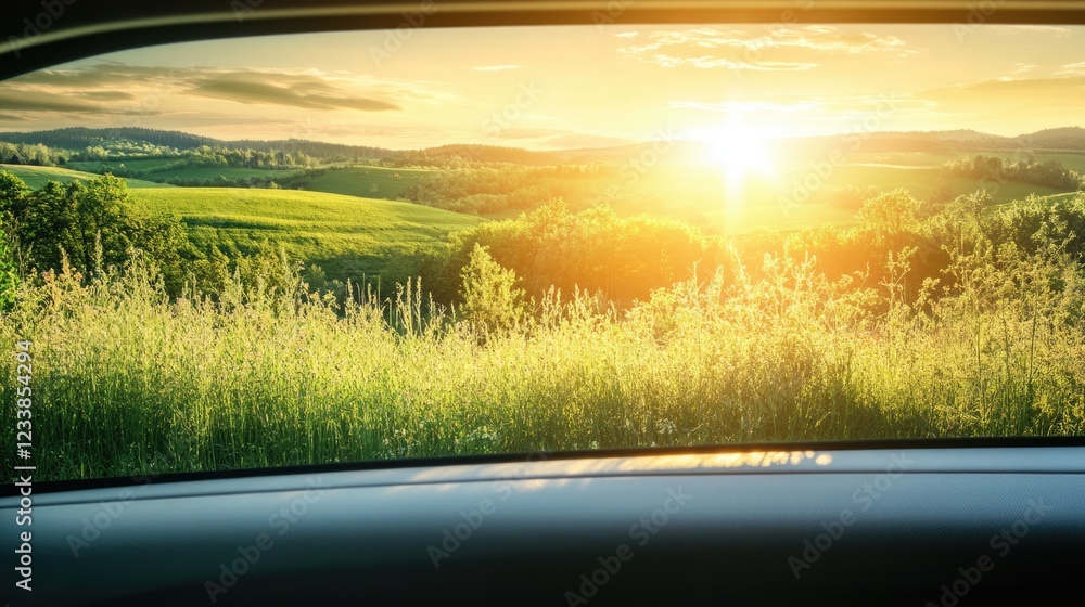 Poster scenic car window view of sunset with lens flare over lush green countryside fields and empty space 