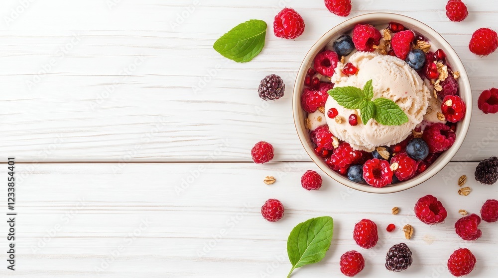 Poster homemade vanilla ice cream topped with fresh berries on a white wooden background summer dessert con