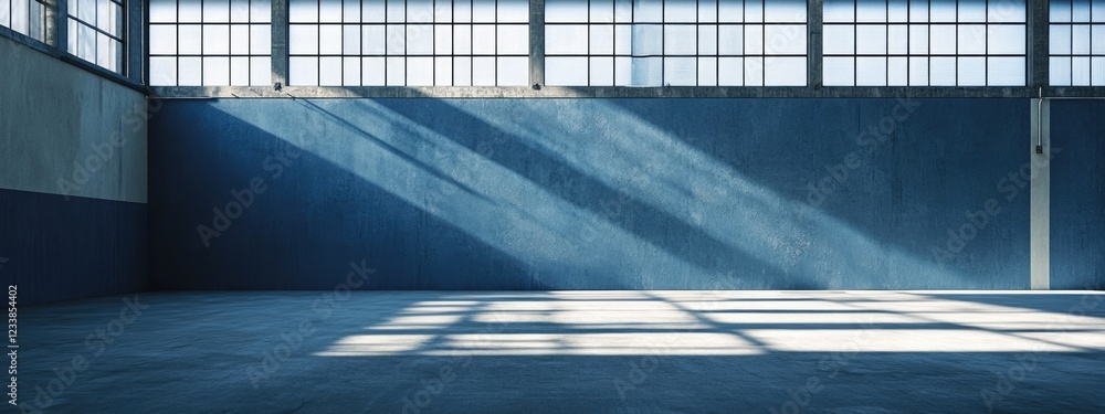 Poster warehouse interior featuring a spacious and empty area with azure walls and ample copy space for tex