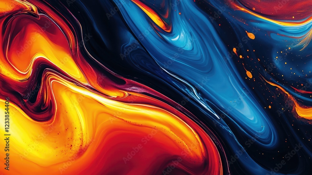 Poster abstract art composition showcasing dynamic swirling patterns in bright red, yellow, and blue shades