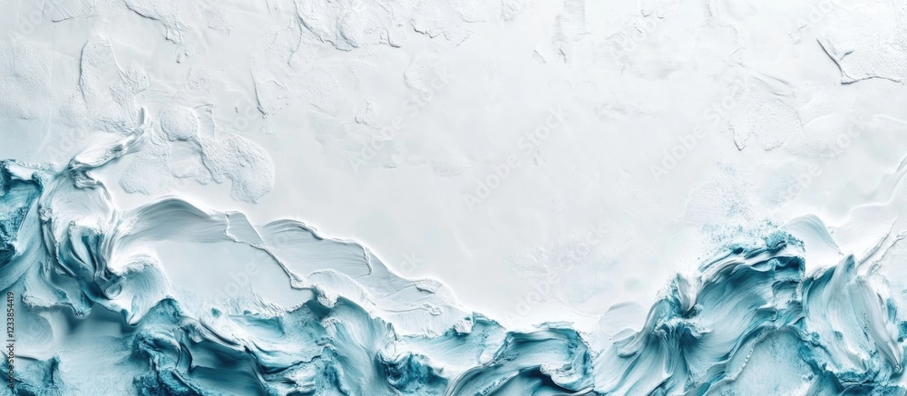 Poster abstract white ocean wall background with text space featuring fluid turquoise waves and textured su