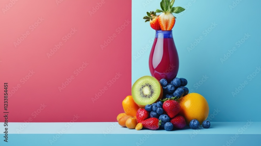 Poster vibrant arrangement of fresh fruits and vegetables with empty space for text on a colorful backgroun