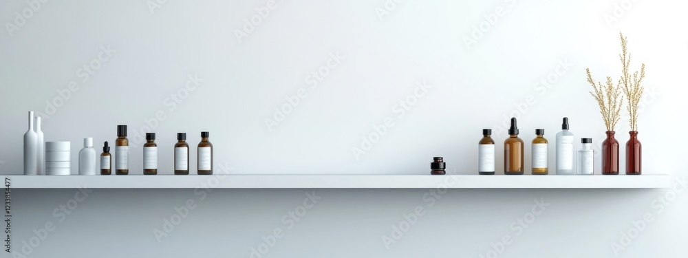 Poster warehouse shelf design for healthcare with blank space for text and displaying empty bottles and dec