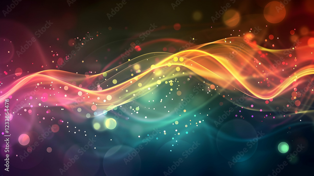 Poster abstract colorful waves with sparkles and light effects, ideal for backgrounds and designs.