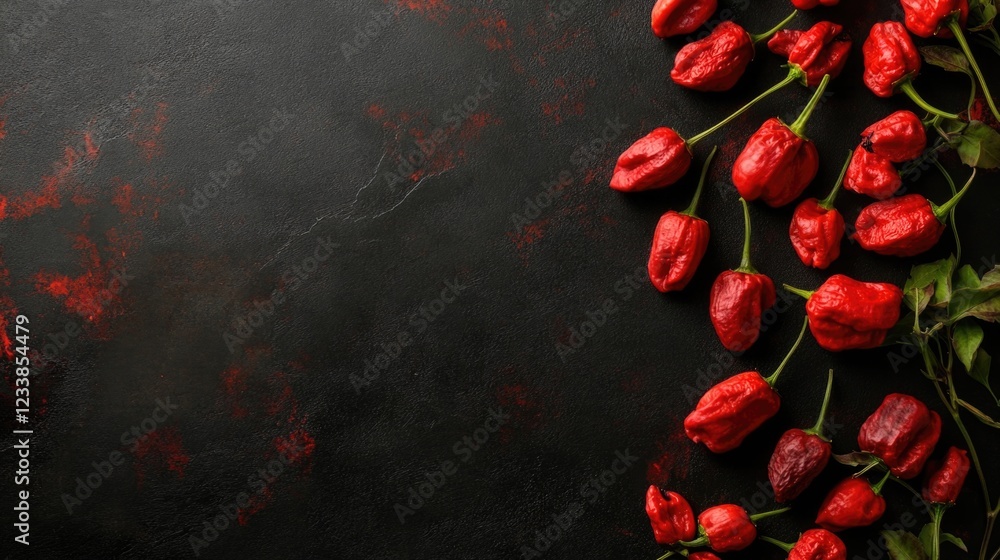Poster vibrant carolina reaper peppers on a dark background with space for text perfect for culinary or foo