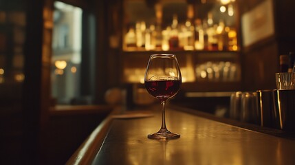 Evening Ambiance: A Glass of Red Wine at a dimly lit Bar