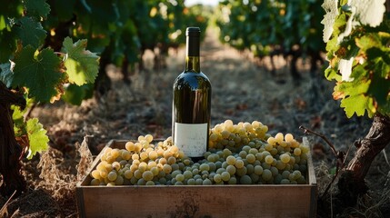 Fototapeta premium Wine bottle among fresh white grapes in vineyard setting during harvest season, showcasing nature's bounty and winemaking tradition