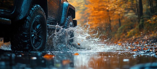 4x4 vehicle navigating river in autumn forest with splashing water droplets vibrant foliage reflected on surface adventure in nature