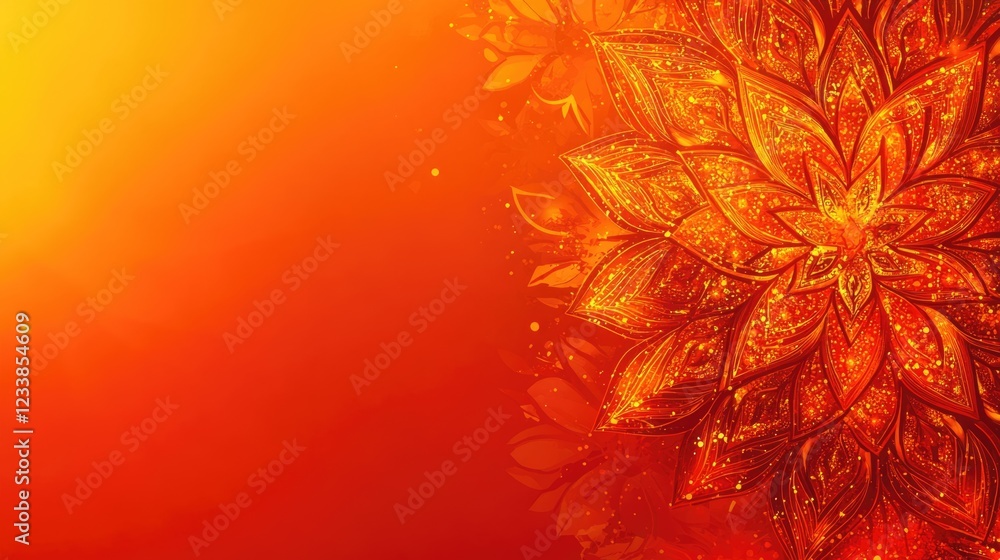 Poster vibrant orange and red kaleidoscope mandala background with space for custom text and design element