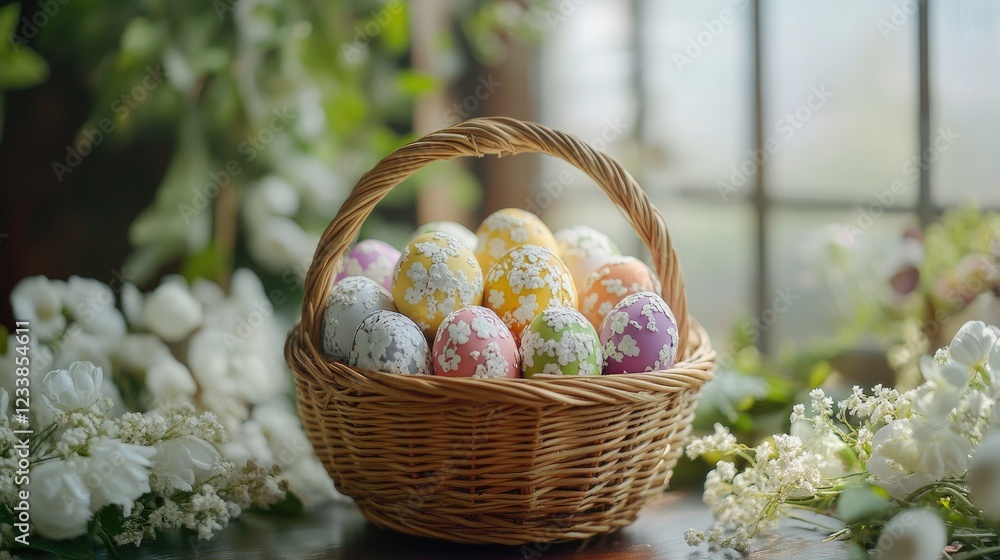 Poster wicker basket overflowing with vibrant easter eggs surrounded by delicate flowers on a rustic table 