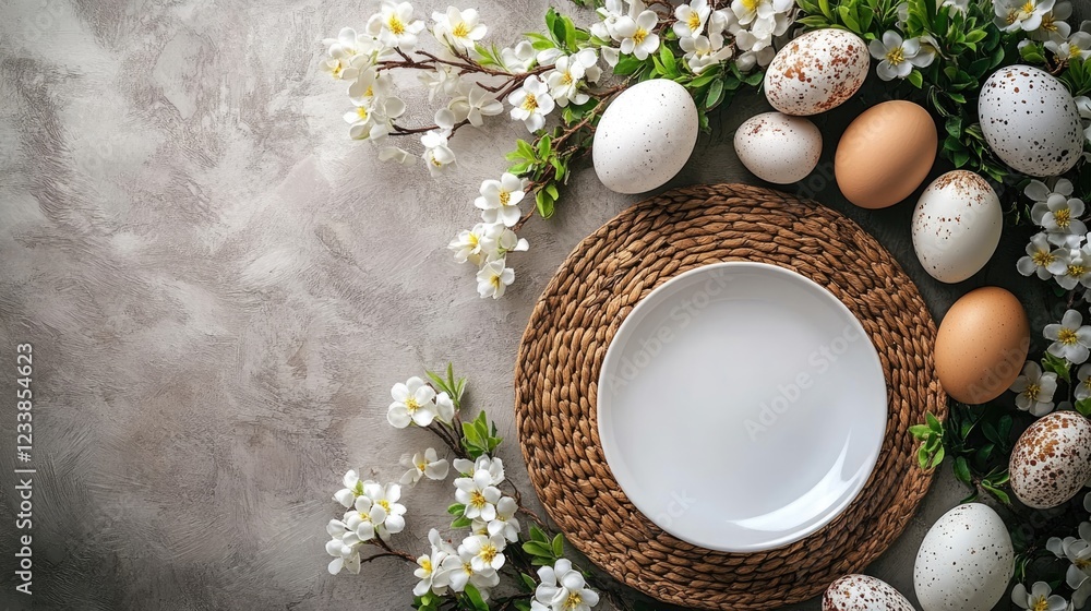 Poster easter table arrangement featuring decorative eggs and floral accents with empty plate and copyspace