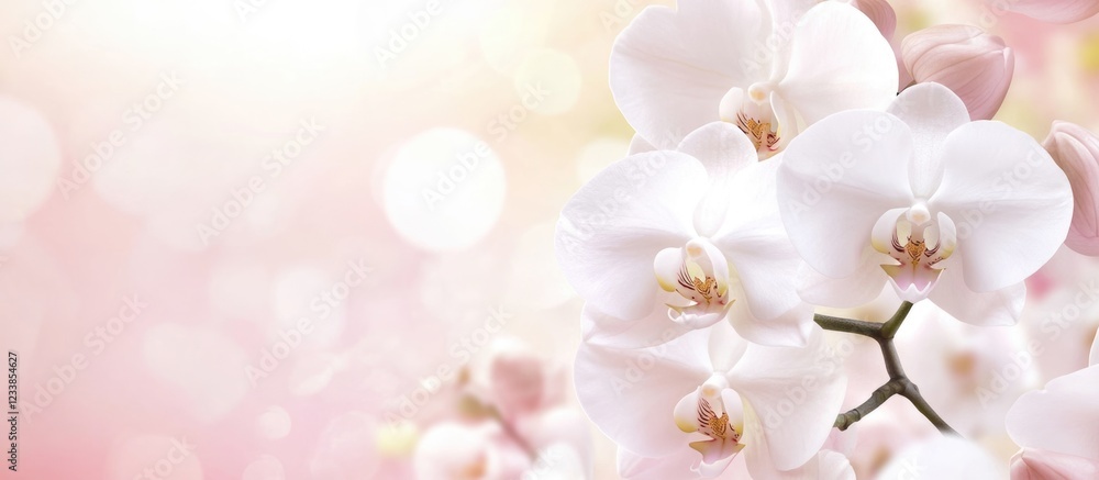 Poster white orchids and pink blossoms on soft pink backdrop with ample space for text or graphic overlay i