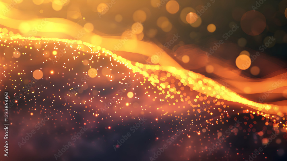 Poster abstract image of shimmering particles and waves in warm colors.