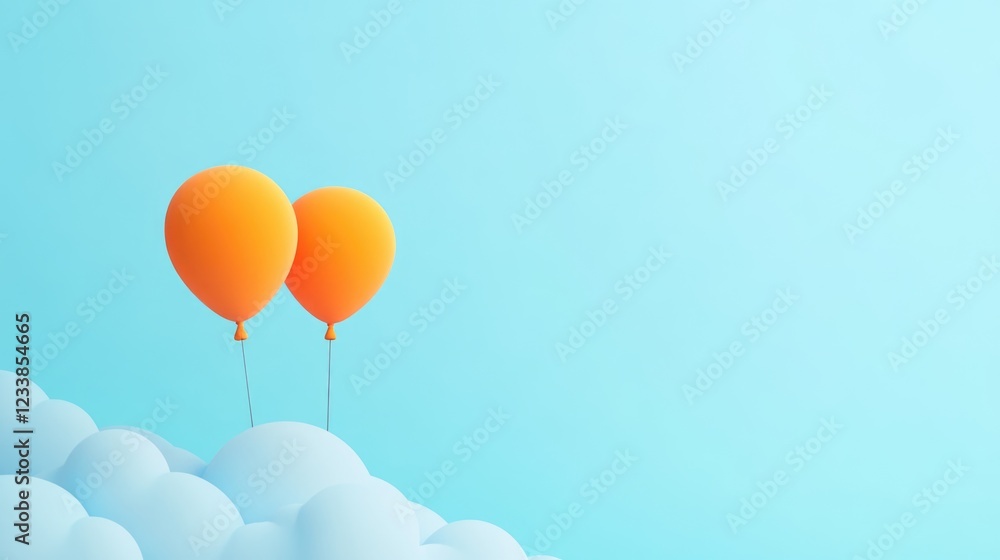 Poster colorful orange balloons floating against a serene blue sky with ample empty space for customizable 