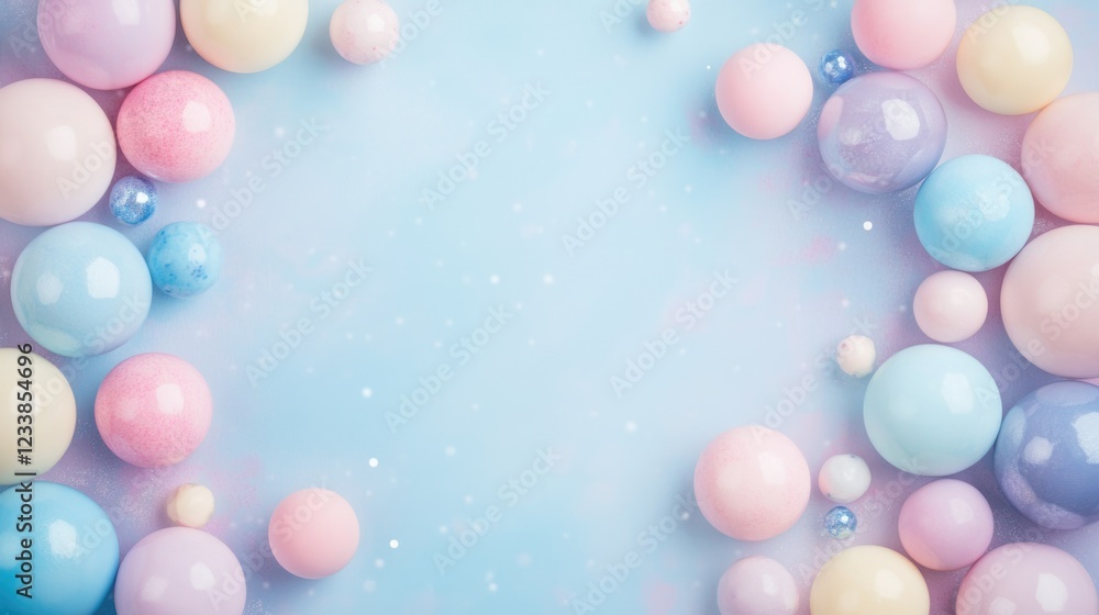 Poster pastel colored balls on soft blue winter background with empty space for custom text and designs