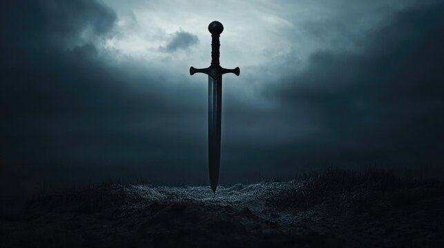 Minimalistic silhouette of a wind driven dagger against a moody dark landscape with dramatic clouds and atmospheric lighting - Powered by Adobe