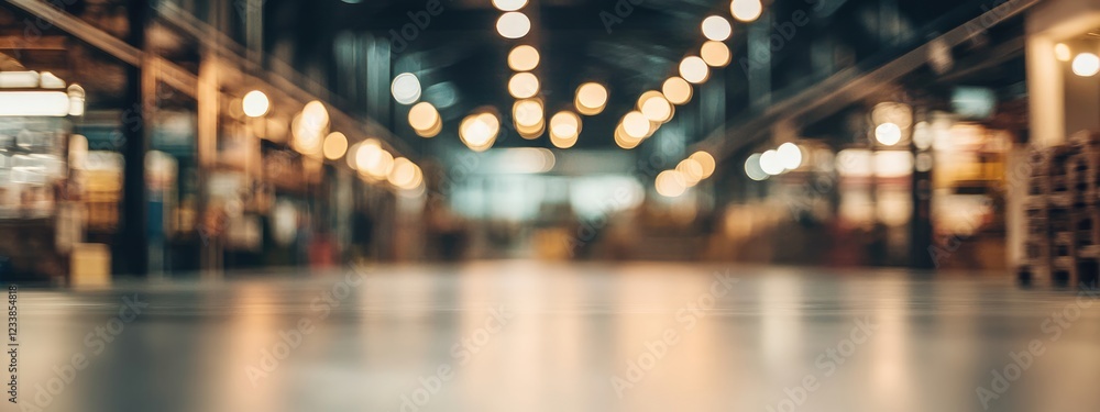 Poster warehouse interior with blurred bokeh background creating ample empty space for text and design elem