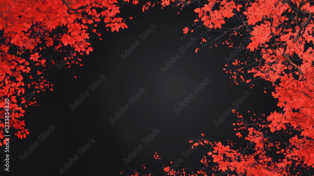 Poster vibrant red and black autumn landscape featuring colorful tree canopy with ample empty space for cus