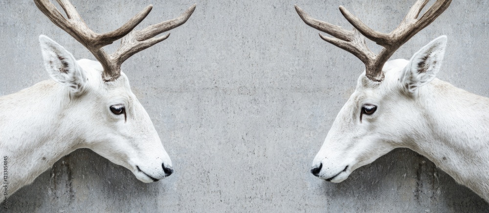 Poster white deer heads with antlers against a rustic gray background highlighting empty space for text or 