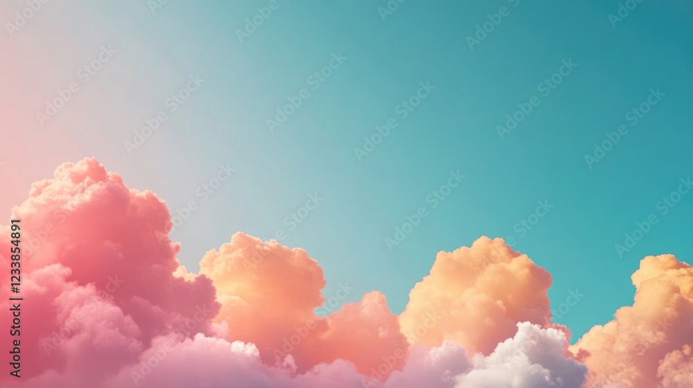 Poster Colorful clouds in a bright blue sky creating an ideal backdrop for text and design elements in advertisements and creative projects.
