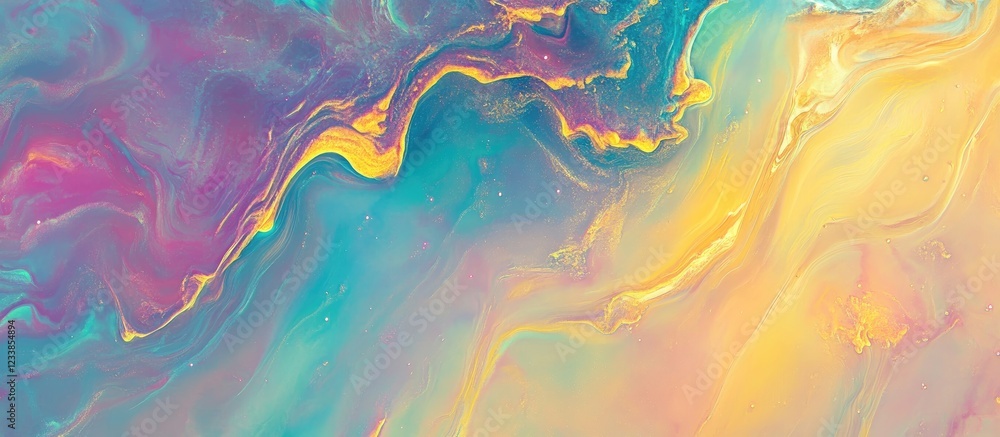 Poster Neon Holographic Fluid Abstract Background with Muted Waves and Copyspace for Text in Soft Pastel Colors