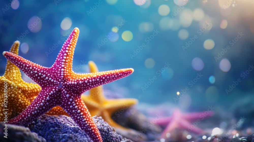 Poster Colorful sea stars in a serene underwater scene with bokeh effect and ample copyspace for text or promotional use