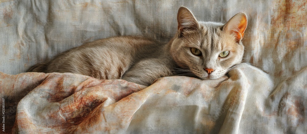 Poster cat resting on soft textile fabric providing empty space for text and design elements in a cozy, war