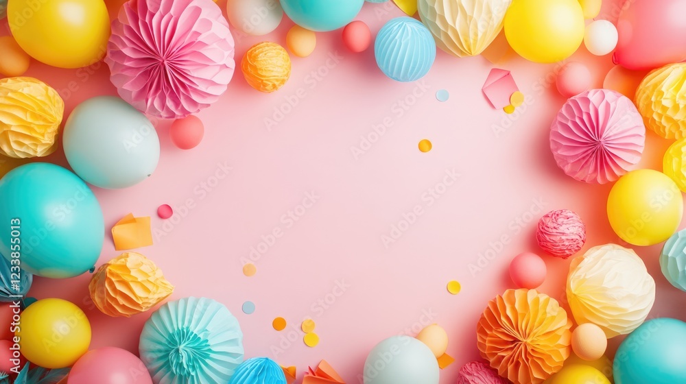 Aufkleber vibrant colorful balloons and decorations on pink background with empty space for text celebratory t