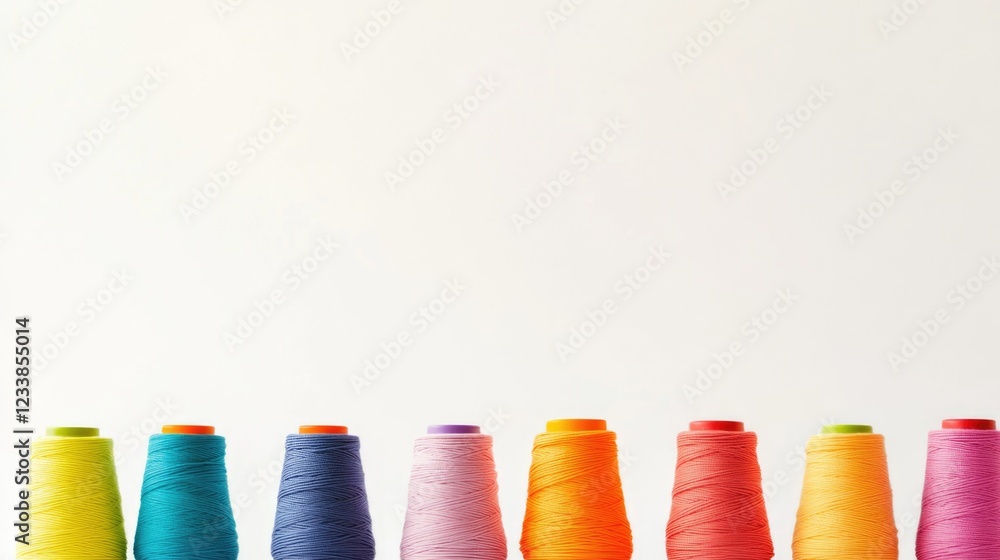 Poster Vibrant yarn spools in various colors arranged neatly with ample empty space for text and design elements in a creative setting