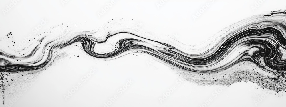Poster swirling black and white water droplets resembling waves on a white background with ample space for 