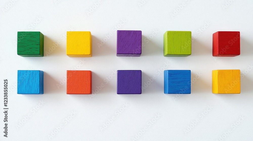 Poster Colorful wooden blocks in vibrant hues arranged on a white background with ample empty space for creative text or design elements.