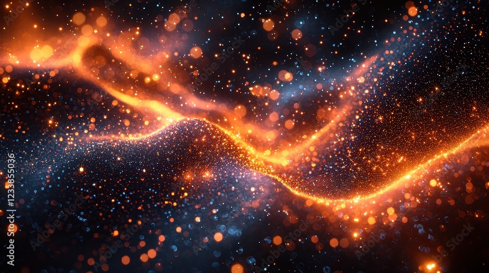 Poster abstract representation of glowing particles and flowing energy waves.