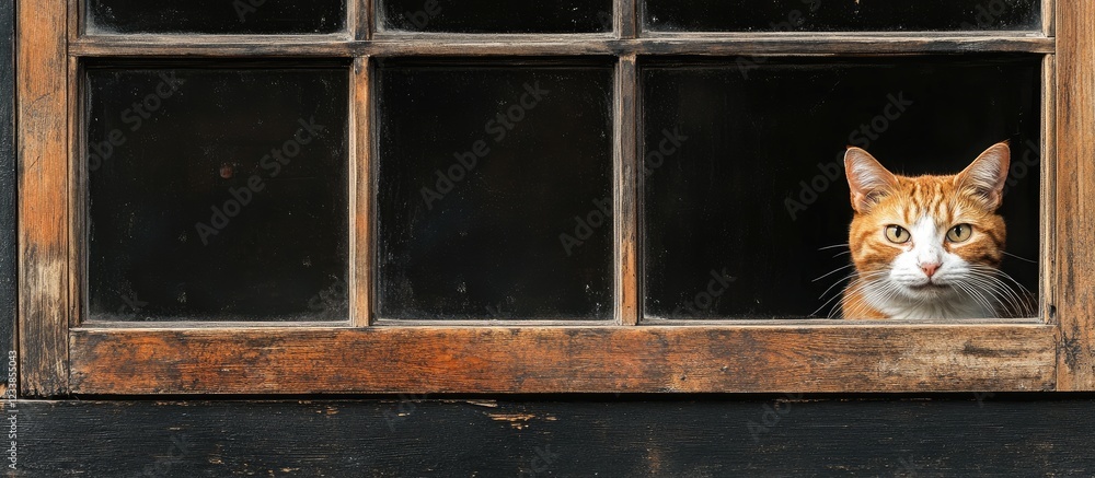 Poster cat looking curiously through a rustic window with ample copy space for text in a cozy home environm