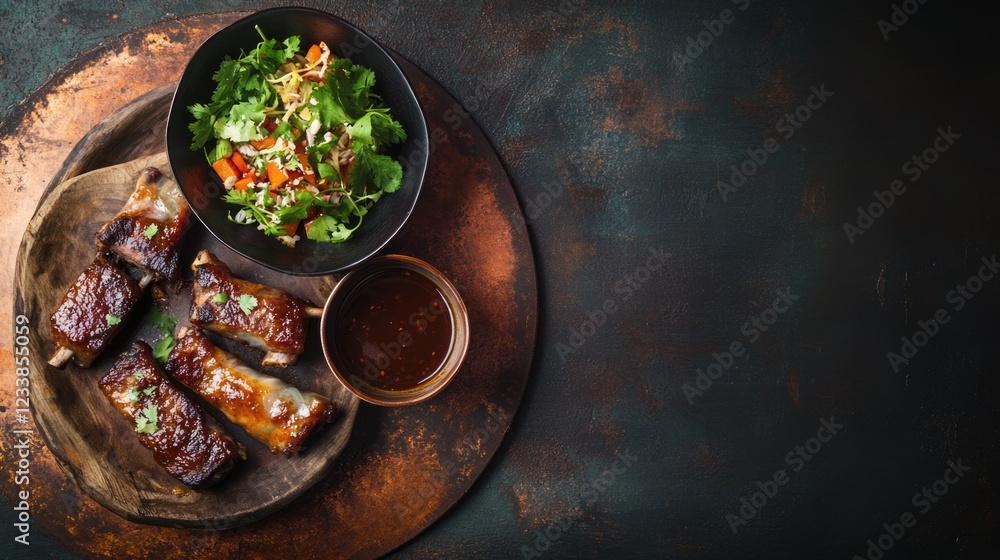 Poster vietnamese spring rolls and braised pork ribs served on a rustic table with fresh salad and sauce wi