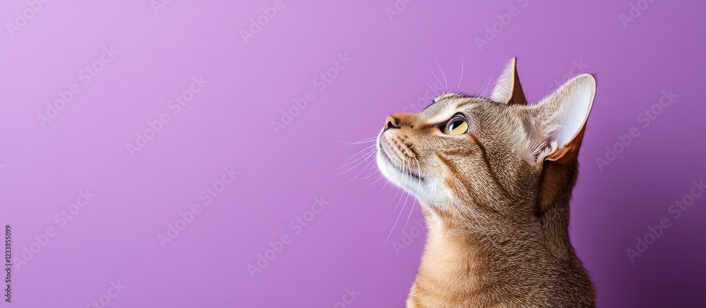 Poster cat looking upwards against a vibrant purple backdrop with ample empty space for text or captions.