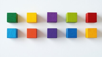 Colorful wooden blocks in vibrant hues arranged on a white background with ample empty space for creative text or design elements.