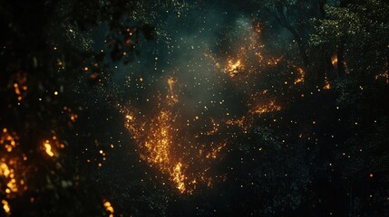 Forest wildfires creating intense flames and smoke against a dark backdrop showcasing the destructive power of nature.