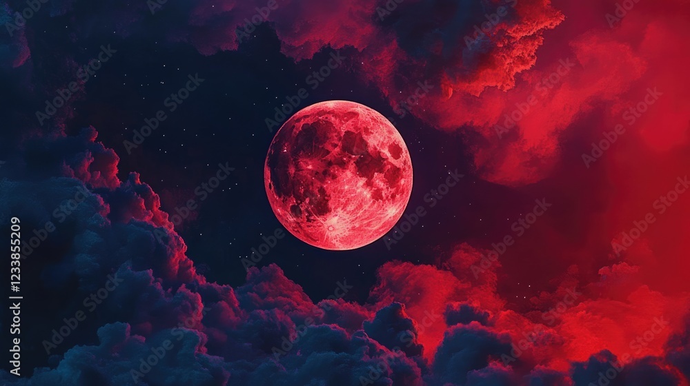 Poster vibrant red full moon illuminating clouds in night sky with ample copyspace for text and design inte