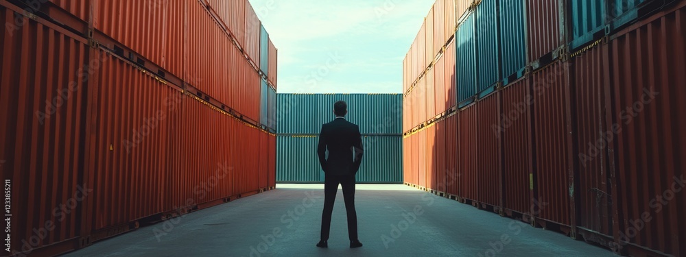 Poster warehouse manager overseeing shipping containers with spacious copy area for branding or messaging i