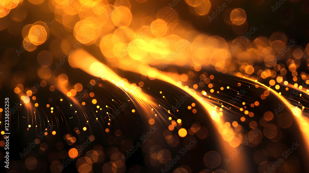 Poster abstract image showcasing glowing golden particles and flowing lines, evoking warmth and motion.