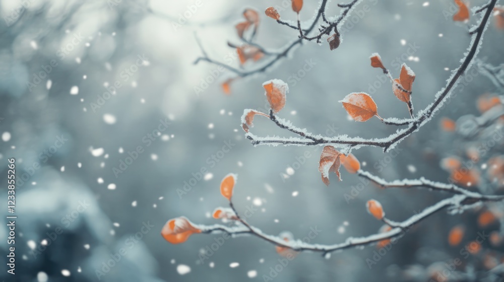 Aufkleber tranquil winter forest scene with gentle snowflakes on ice-covered branches and warm orange leaves c