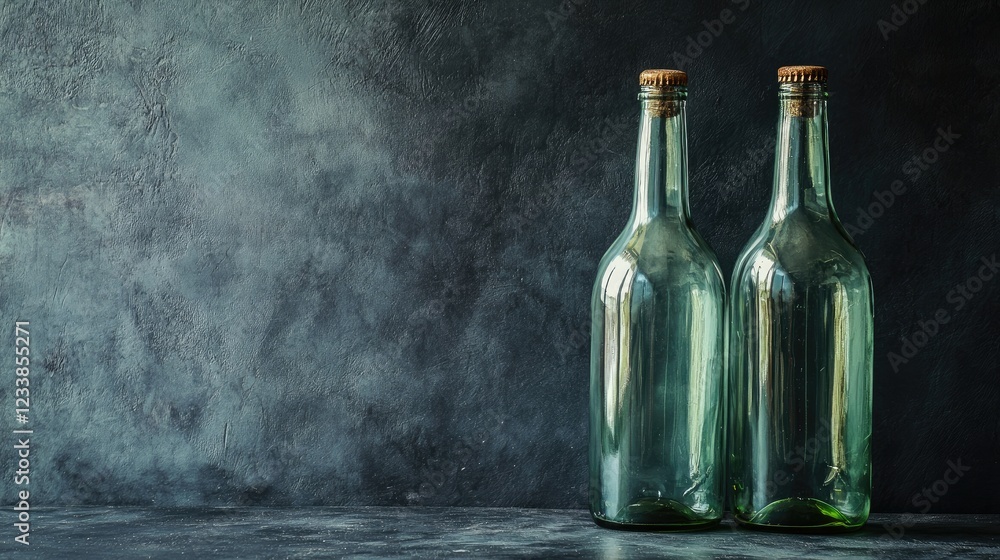 Fototapete Empty glass bottles on dark textured background with ample space for branding or text placement in product design or advertising.