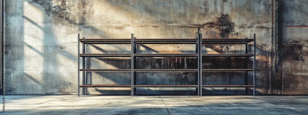 Poster warehouse storage rack in industrial setting with blank space for promotional text and product displ